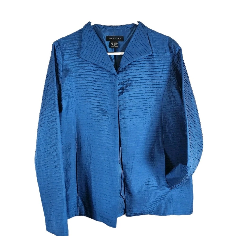 Silk Land‎ Woman Medium Blue Textured Open Front Blazer Cardigan Lined Silk EUC